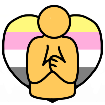 a figure holding their hands to their chest, one on top of the other. behind them is a big love heart colored with a queerplatonic flac - horizontal stripes of yellow, pink, white, grey, black.